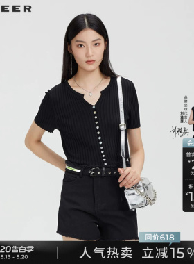 sdeer圣迪奥女装夏季罗纹V领修身黑色短袖开衫针织衫S23283505