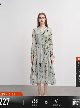 sdeer圣迪奥春秋装女装田园风V领荷叶边印花收腰连衣裙S243Z1254