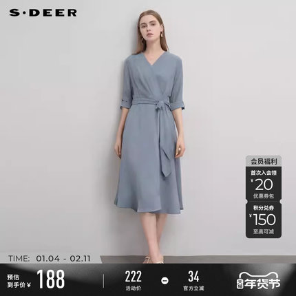 sdeer圣迪奥秋季女装V领压褶收腰不规则雪纺连衣裙S233Z1286