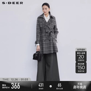 毛呢外套羊毛大衣S224Z2505 修身 sdeer圣迪奥女装 翻领收腰格纹长款