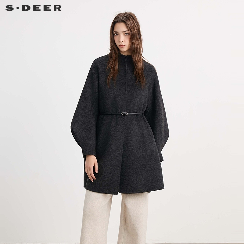 sdeer立领收腰绵羊毛中长款大衣