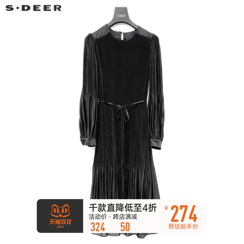 sdeer圣迪奥女装秋冬圆领收腰压褶丝绒长袖连衣裙S223Z126E