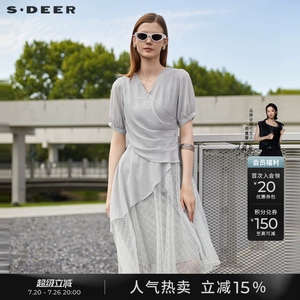 sdeer圣迪奥夏季女装V领雪纺蕾丝拼接短袖连衣裙S232Z12W7