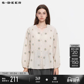sdeer圣迪奥女装 春秋装 田园风V领绣花压褶宽松上衣S253Z3203