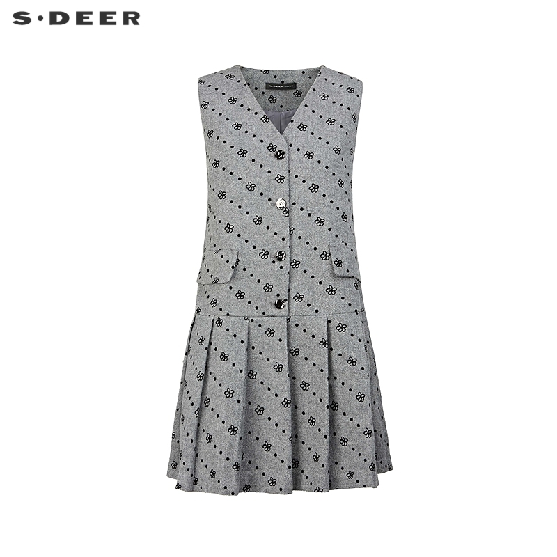 V领连衣裙 清新印花 毛呢质地