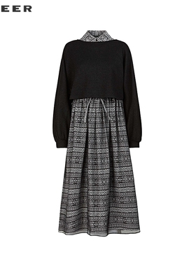 sdeer圣迪奥冬季女装印花收腰网纱针织衫连衣裙套装S244Z1417