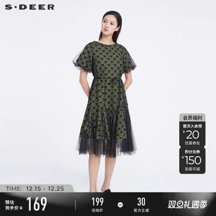 sdeer圣迪奥夏装 裙子S223Z1278 女碎花连衣裙圆领收腰网纱泡泡袖
