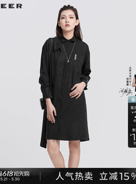 sdeer圣迪奥春装女装翻领拼接设计感黑色衬衫连衣裙S22181221