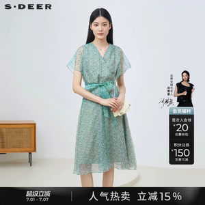 sdeer圣迪奥夏季女装V领小碎花收腰网纱短袖连衣裙S23261233