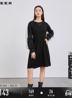 sdeer圣迪奥冬季女装黑色网纱针织长袖收腰显瘦连衣裙S224Z1209