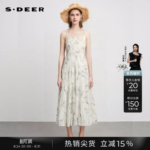 s.deer田园风印花碎褶吊带连衣裙