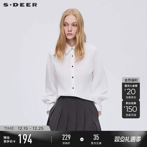 sdeerOL翻领压褶灯笼袖白色衬衫