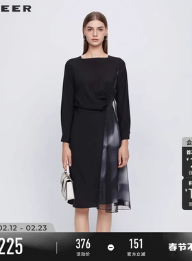 sdeer圣迪奥女春秋装圆领解构收腰网纱晕染长袖连衣裙S243Z1262