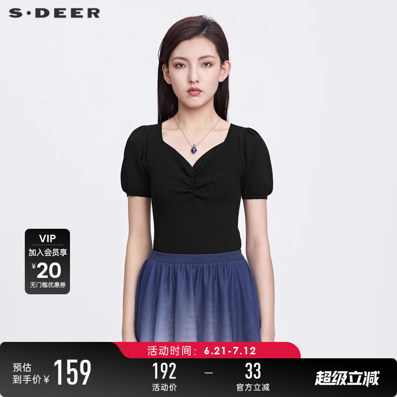 s.deer抽褶泡泡袖修身针织衫