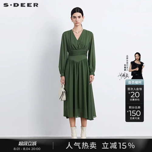 s.deer压褶垂坠雪纺长袖连衣裙