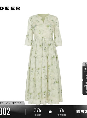 sdeer圣迪奥春秋装女装田园风V领印花收腰喇叭袖连衣裙S243Z1232