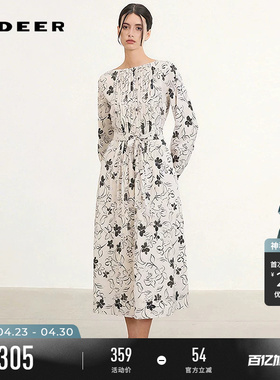 sdeer圣迪奥女装春秋装时尚圆领撞色印花收腰连衣裙S253Z12A1