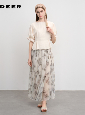 sdeer圣迪奥女装清新高腰碎褶印花不规则A字半身裙S242Z1126