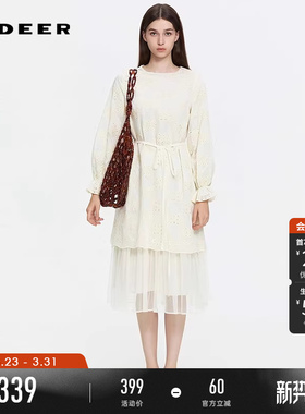 sdeer圣迪奥女装春秋装圆领绣花网纱收腰长袖连衣裙S253Z1260