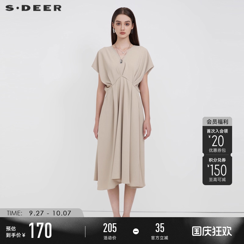 sdeer优雅知性V领垂坠高腰连衣裙