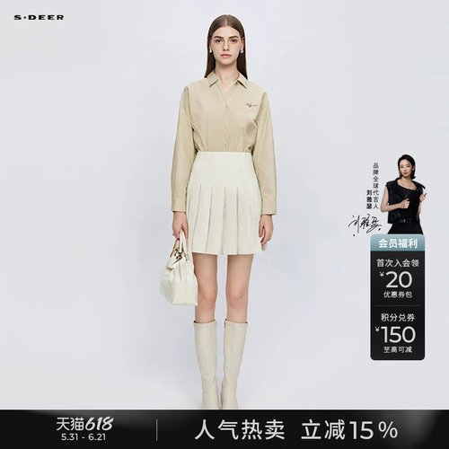 sdeer翻领时尚胸针压褶长袖衬衫