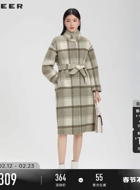 sdeer圣迪奥女装春秋装立领格纹收腰长款毛呢大衣S223Z2506
