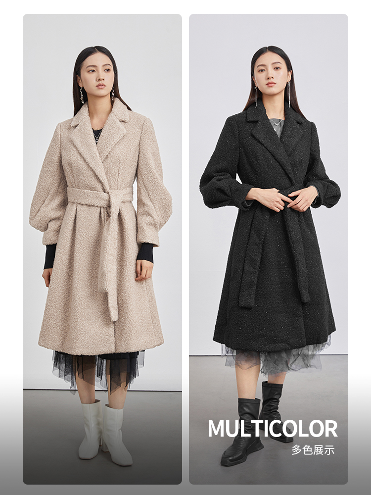 sdeer收腰仿羊羔绒长款大衣