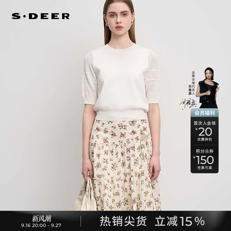 s.deer优雅镂空钩花修身针织衫图片