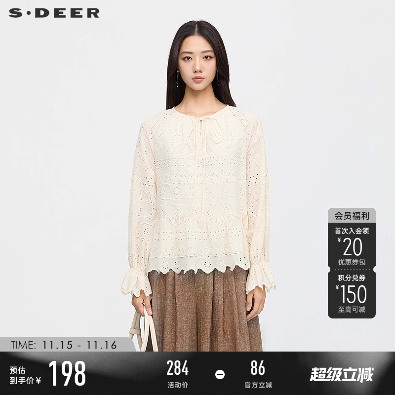 sdeer度假风系带镂空绣花衬衫