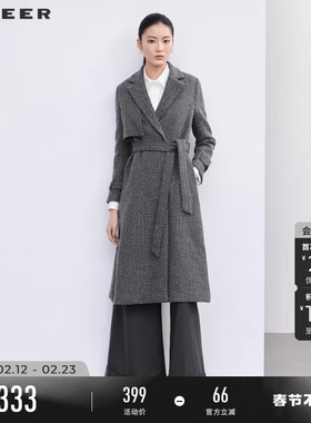 sdeer圣迪奥春秋女装西装领收腰肌理长款毛呢大衣外套女S223Z1857