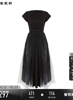 sdeer圣迪奥春秋装女装圆领风琴褶收腰晕染网纱连衣裙S233Z1247