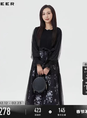 sdeer圣迪奥春装女装圆领印花撞色网纱收腰连衣裙S241Z1208