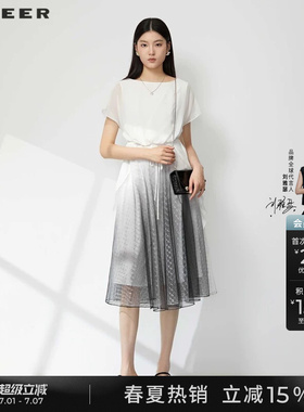 sdeer圣迪奥夏季女装圆领渐变网纱雪纺短袖连衣裙S232Z12X1
