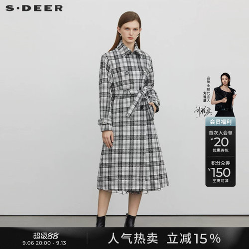 sdeer翻领收腰撞色格纹毛呢大衣