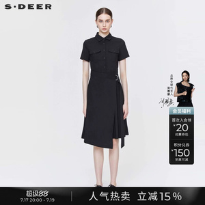 sdeer圣迪奥衬衫裙女夏装翻领不规则气质显瘦黑色连衣裙S22281269