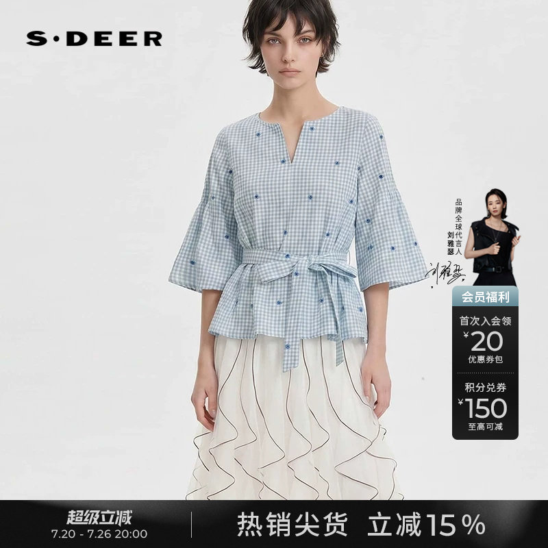 sdeer圣迪奥女装夏季文艺V领绣花格子收腰喇叭袖衬衫S252Z0422