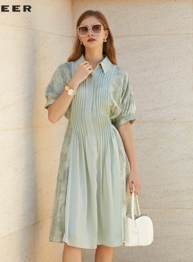 sdeer圣迪奥女装淡人穿搭翻领风琴褶收腰网纱晕染连衣裙S232Z12BU