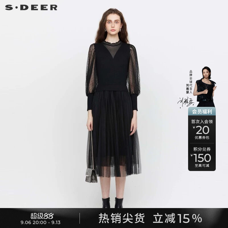 sdeer圣迪奥女装春秋装小黑裙波点网纱灯笼袖连衣裙S221Z1204