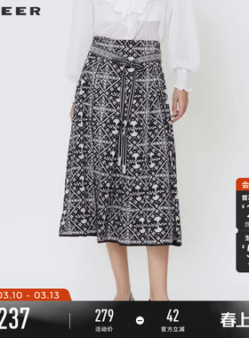 sdeer圣迪奥女装文艺复古系带撞色印花A字伞裙S242Z1112