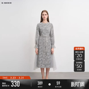 sdeer圣迪奥春装 圆领绣花收腰网纱拼接连衣裙S241Z1271 女装