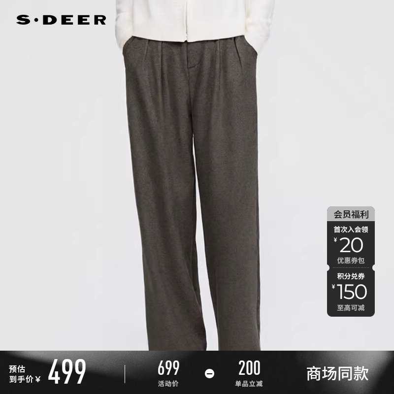 【商场同款】sdeer圣迪奥女OL风高腰压褶插袋毛呢长裤S25480821