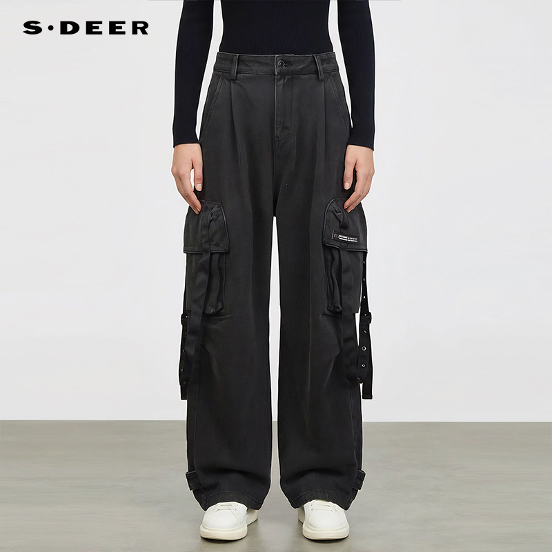 sdeer字母工装直筒加绒牛仔裤