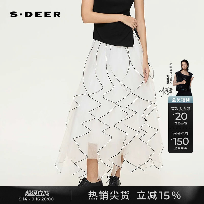 sdeer高腰荷叶边不规则网纱裙图片