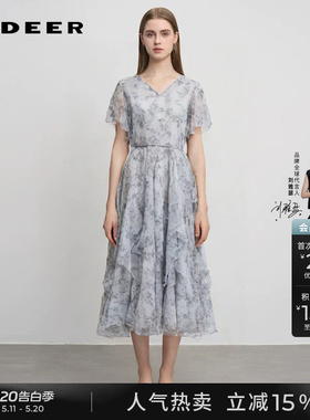 sdeer圣迪奥夏季女装V领碎花网纱收腰荷叶边连衣裙S242Z1290