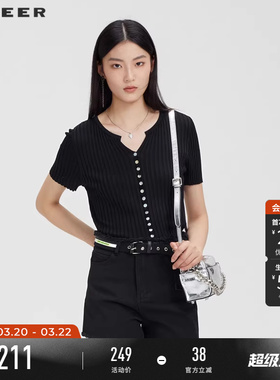 sdeer圣迪奥女装夏季罗纹V领修身黑色短袖开衫针织衫S23283505