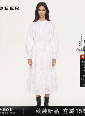 sdeer圆领绣花收腰长袖连衣裙