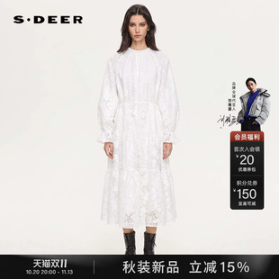 sdeer圣迪奥女装2026秋装新款田园风圆领绣花收腰长袖连衣裙