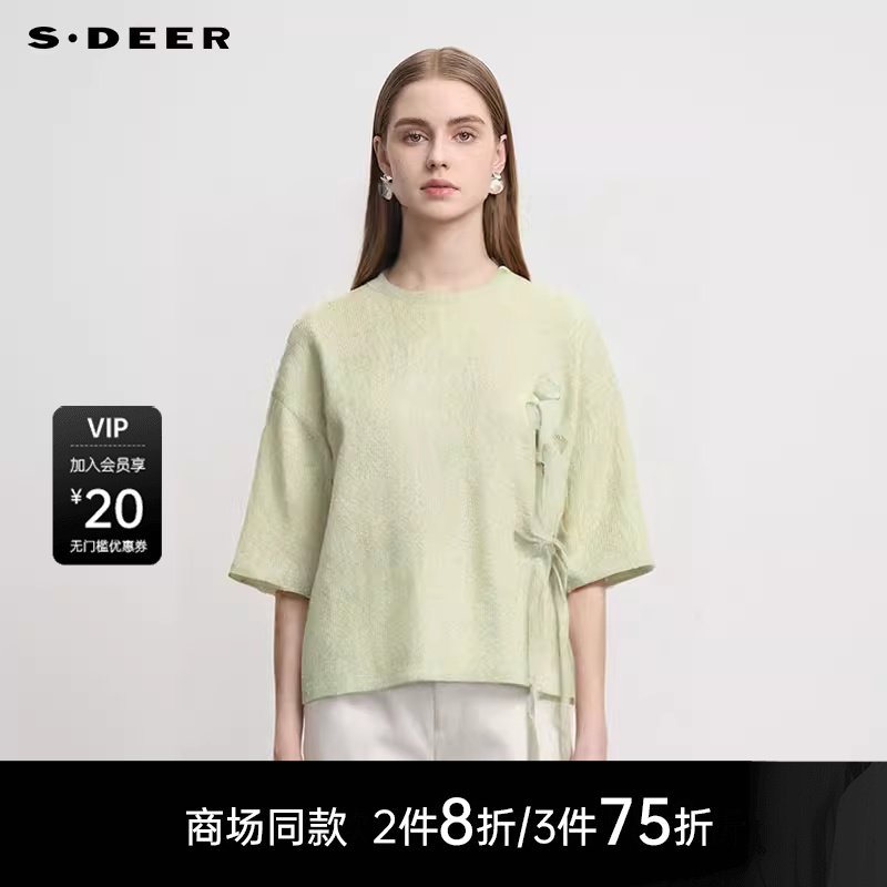 sdeer田园风圆领花朵短袖针织衫