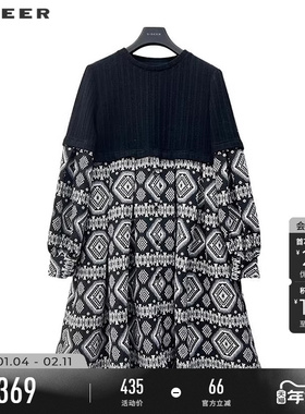 sdeer圣迪奥冬季女装时尚圆领撞色提花长袖连衣裙S244Z1261