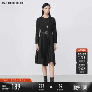 sdeer圣迪奥冬装女装休闲圆领收腰抽褶不规则连衣裙S21481225